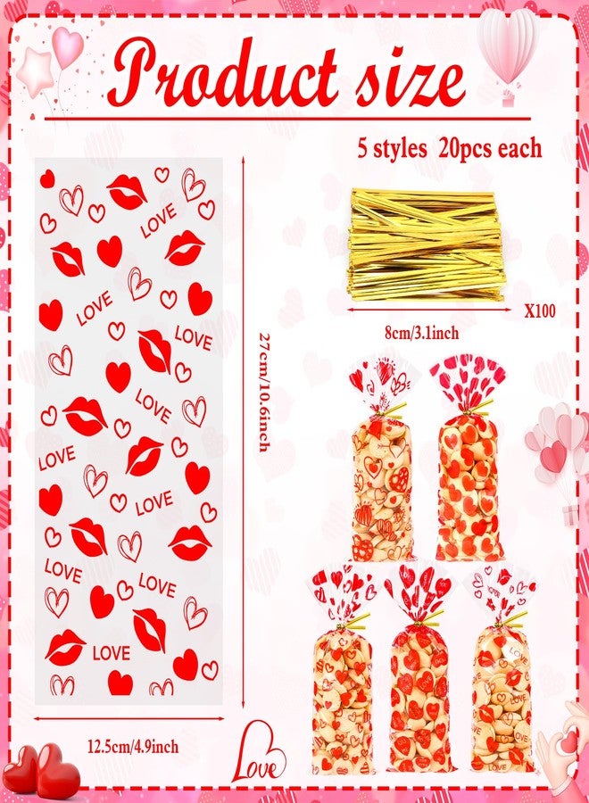 Konsait 100 Pcs Valentine Cellophane Treat Bags with Golden Twist Ties 5 Style Clear Treat Bags for Valentines Day Wedding Birthday Party Favor Supplies - Image 2